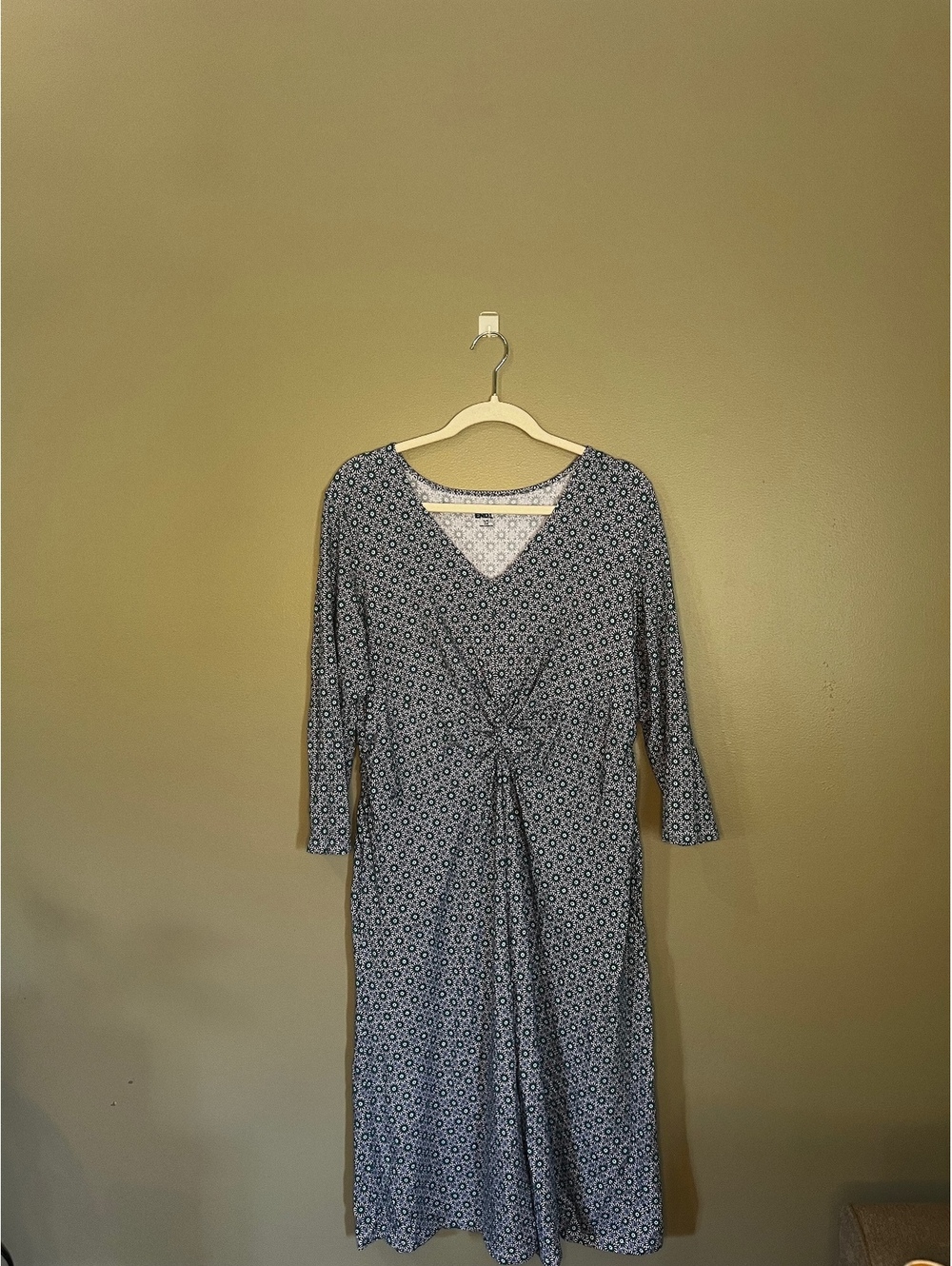Lands’ End Navy Blue Green and White Ornate Patterned Front Knotted Dress